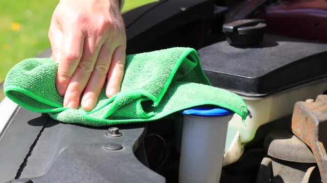 Man hand cleaning car engine bay with microfiber cloth, wiping dust under hood outdoors, car maintenance and care, checking and refilling windshield washer fluid, auto service concept, vehicle