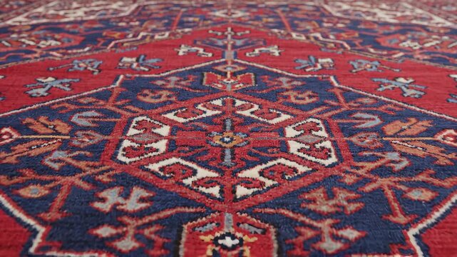 Traditional Persian rug panning close up revealing intricate handwoven medallion pattern for home decor and cultural content