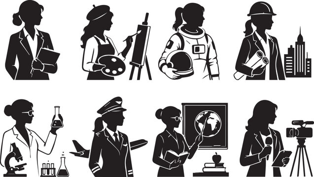 Women Careers and Professional Roles Silhouettes Set