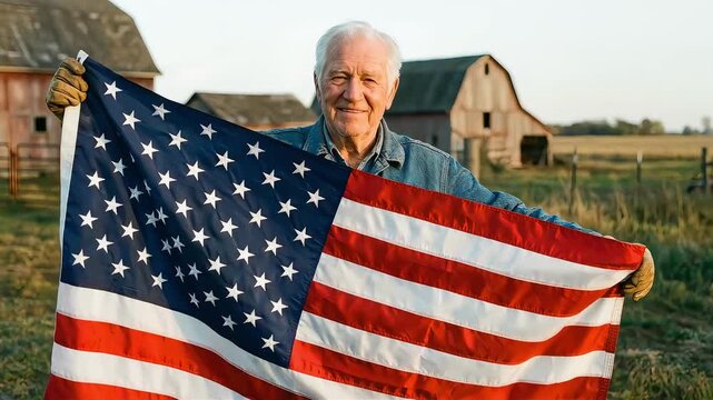 A senior man raises the American flag against the backdrop of a farm.