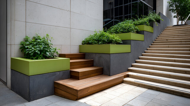 Modern outdoor staircase and planter with clean lines, green accents and wooden steps, illustrating urban design and functional architecture.