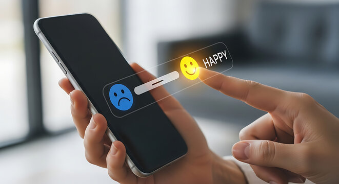 Professional user interacting with a digital satisfaction meter interface showing customer feedback rating on a futuristic smartphone screen for business loyalty assessment