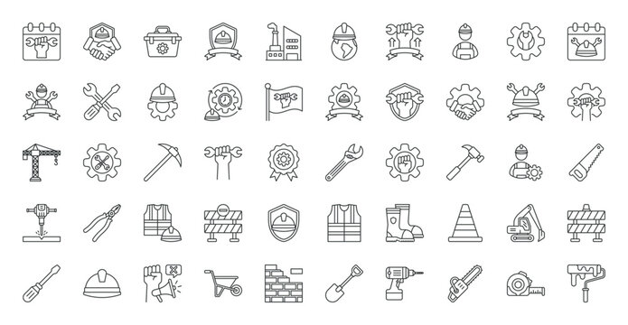 Labor Day icon set. Activism, international labor day, flag, engineer, operator, agreement, toolbox, safety, factory, worker, industrial, road block, protest and more. Outline vector icons collection