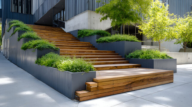 Modern outdoor staircase and planter with clean lines, green accents and wooden steps, illustrating urban design and functional architecture.