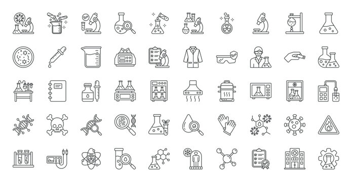 Laboratory icon set. Experiment, research, formula, analysis, test, equipment, chemical, microscope, bunsen burner, flask, petri dish, pipette, beaker and more. Outline vector icons collection