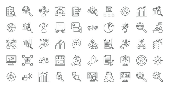 Market Research icon set. Analysis, consumer behavior, focus group, questionnaire, sampling, market segmentation, target, trends, competitor analysis and more. Outline vector icons collection