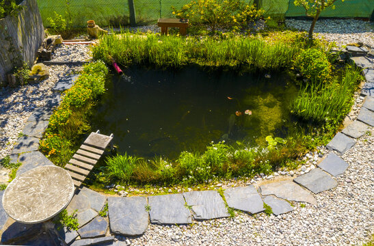 Root wastewater treatment plant as a garden pond. Relaxation zone with fish farming in an organic garden from above. Sustainable development in gardening and aquaculture.	
