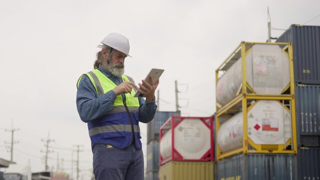 A senior logistics manager inspects shipping containers at a port, using a tablet for supply chain management and inventory control on a cloudy day.