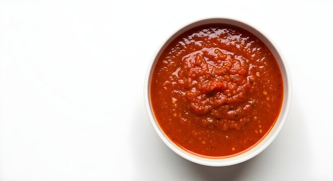 tomato sauce in a bowl, tomato sauce in white bowl isolated on white background, fresh red tomato puree top view, classic ketchup or pasta sauce close up, homemade marinara sauce texture