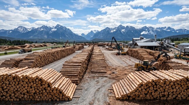 Large lumber yard and wood processing facility with majestic mountain background.
