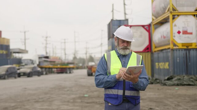 A senior logistics manager inspects a container terminal, using a tablet for quality control and optimizing the supply chain at an industrial port.
