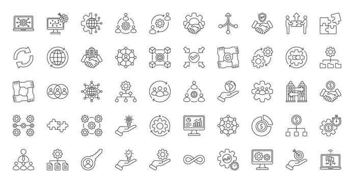 Business Integration icon set. Strategy, technology, collaboration, synergy, partnership, consolidation, alliance, fusion, complementary, synchronization and more. Outline vector icons collection
