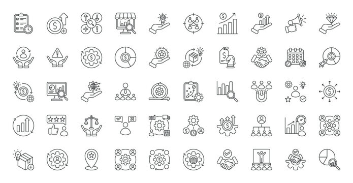 Business Strategy icon set. Project plan, competitive advantage, swot analysis, market research, business innovation, target audience, profitability and more. Outline vector icons collection