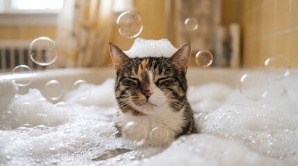 Tabby cat sitting in a bubbly foam-filled bathtub during grooming.