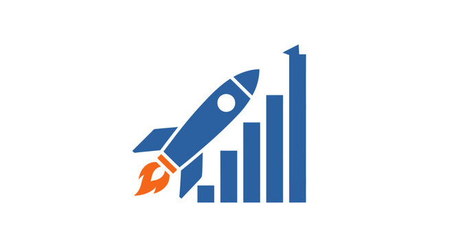 Business growth concept represented by a rocket ship and bar graph illustration
