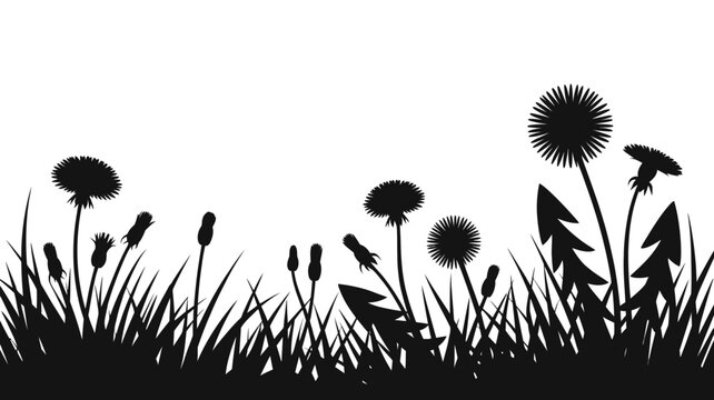 Black silhouette of dandelions and wild grass meadow on white background with dandelion silhouette contrast