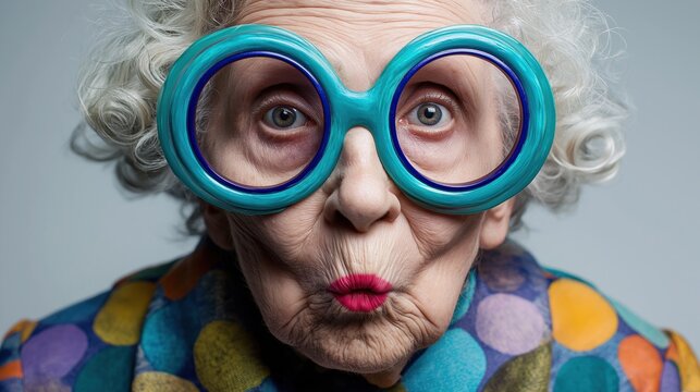 Funny portrait of senior elderly woman with big turquoise round glasses, puckered lips and colorful polka dot shirt