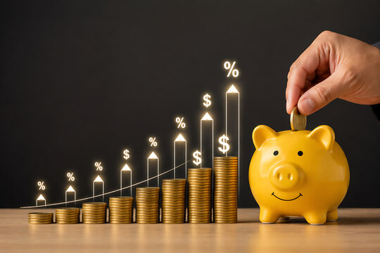Male hand putting gold coin into yellow piggy bank beside rising money stacks with glowing graph showing compound interest investment returns and personal wealth growth