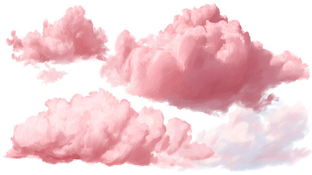 Realistic fluffy pink clouds set. Soft pink clouds isolated on white background. Pink dreamy elements for romantic Valentine design. white background soft gradients. Stock Vector