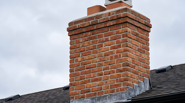 Traditional Red Brick Chimney on Residential Asphalt Shingle Roof | Close-up of Masonry Chimney with Metal Flashing and Roof Vents | Exterior Home Maintenance and Architectural Masonry Details