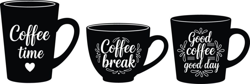Set of 3 Coffee Cups with Stylish Typography and Decorative Elements for Coffee Lovers, Cafes, and Beverage Designs