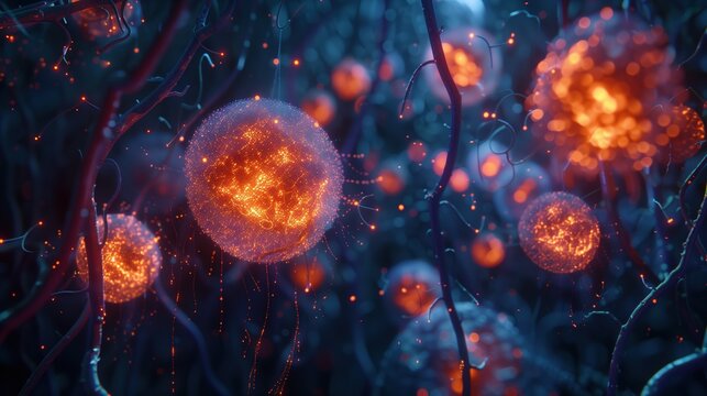 Morgellons disease: 3D rendered medical visualization of human immune cells attacking foreign fiber bodies beneath skin surface, white blood cells with realistic membrane texture 