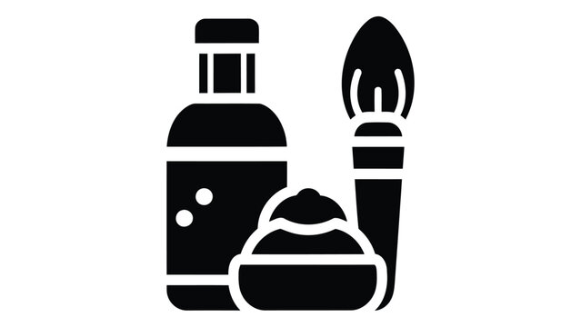 Miniature painting artwork icon, vector illustration of art supplies including paint bottle, brush and palette isolated on white background