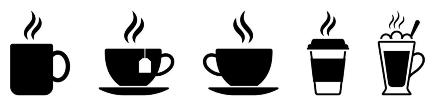 Hot drink mugs and tea cup with tea bag flat vector illustration, Coffee to go paper cup and latte glass icons for cafe menu, Paper coffee cup with lid and latte glass with spoon icons