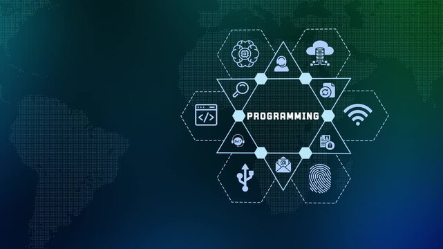  Modern software programming and web development concept featuring coding icons and global network connectivity in a digital hub.
