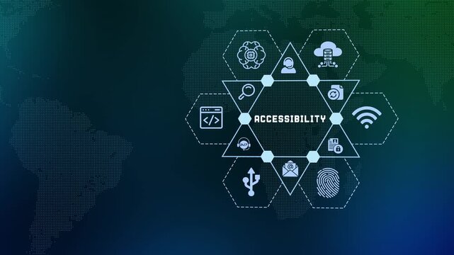  Digital accessibility and inclusive design concept with technological icons for web standards on a blue background with world map.
