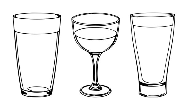 Glasses set with minimalist black line art on white background featuring wine glass, coffee mug, beer stein with glassware and ceramics