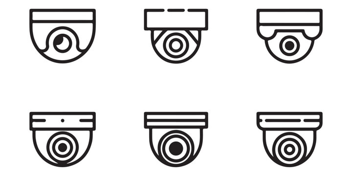 Collection of 6 Surveillance Dome Camera Outline Icons for Security Systems