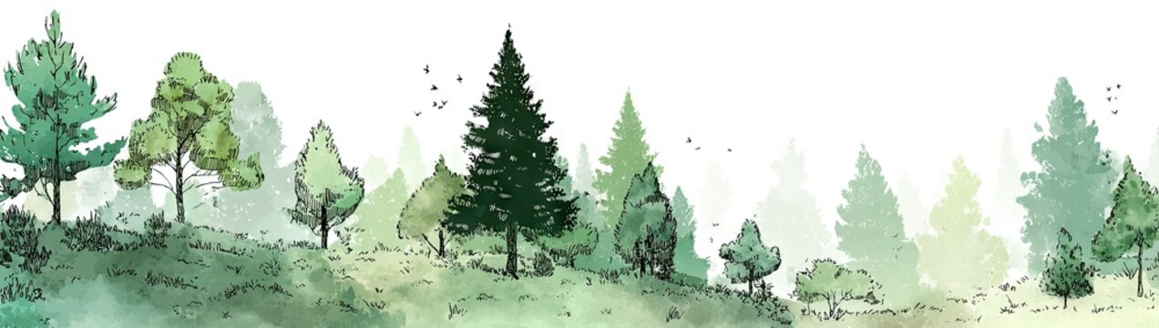 Watercolor landscape featuring various trees with a minimalist, airy vibe