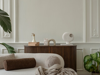 Naklejka premium Minimalist living space with modern furniture and elegant decor, creating a peaceful and sophisticated interior design