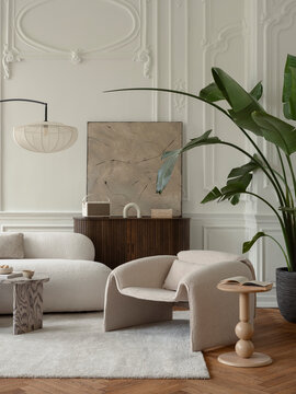 Elegant and Cozy Living Room Interior with Modern Furniture and Decorative Details, Showcasing Minimalist and Nordic Style