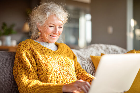 A cheerful older woman in a cozy sweater uses a laptop at home, smiling and enjoying her time online.