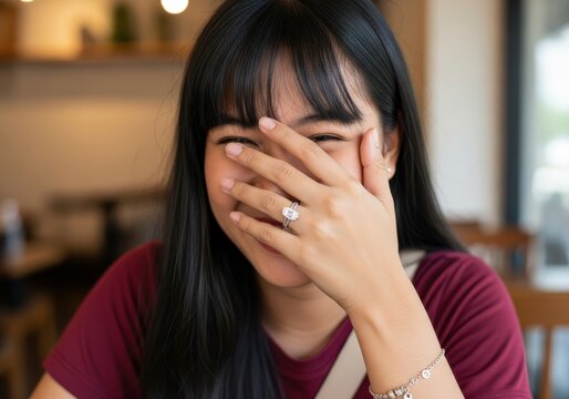 Young woman smiles bashfully while showing off an engagement ring on her finger.