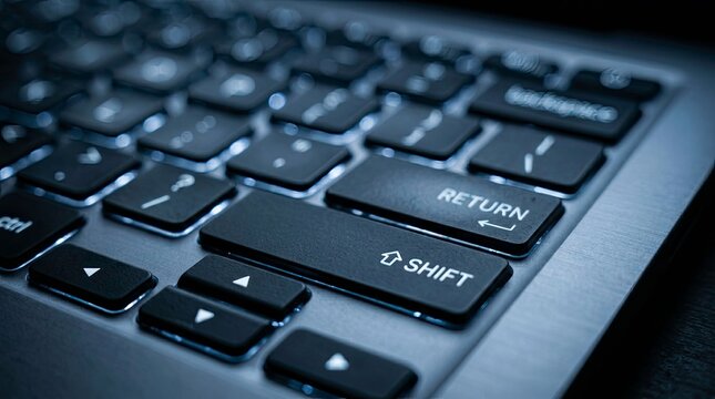 Close-up of laptop keyboard, with focus on the Shift and Return keys.