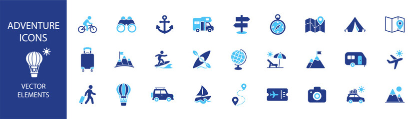 Minimal camping and hiking travel icons with tent backpack equipment and outdoor exploration transport symbols on transparent background © TanyaK