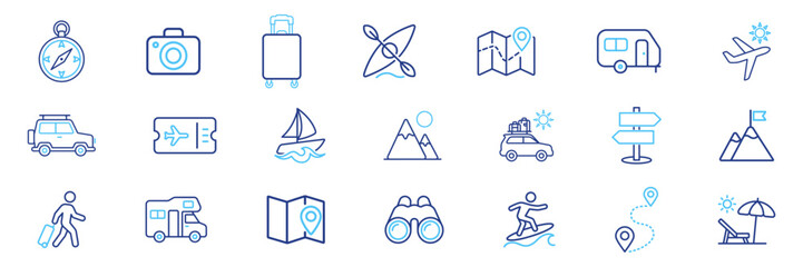 Minimal camping and hiking travel icons with tent backpack equipment and outdoor exploration symbols on transparent background © TanyaK