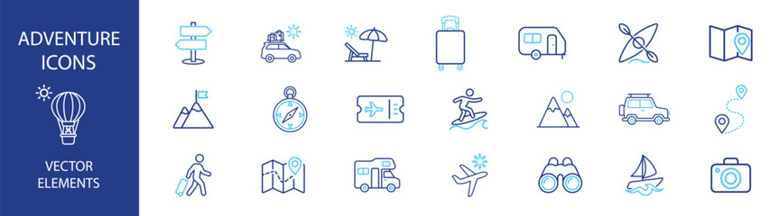Minimal camping and hiking travel icons with tent backpack equipment and outdoor exploration symbols on transparent background © TanyaK