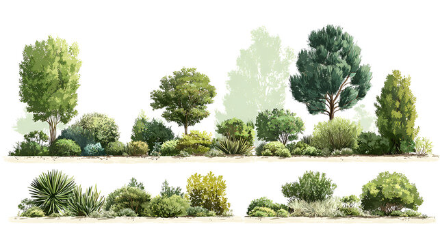Set of shrubs and bushes in elevation view for use in architectural drawings Stock Illustration