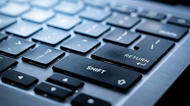 Close-up of a laptop keyboard, buttons, shift key, and return key details.