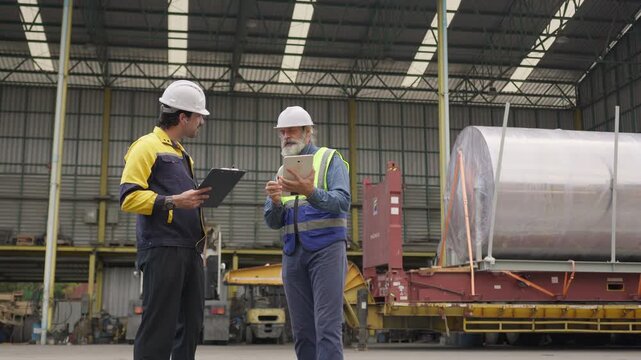 Two industrial workers, an engineer and supervisor, inspect a heavy cargo shipment on a truck using a tablet for quality control at a logistics depot.