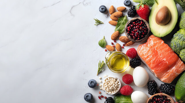 A vibrant assortment of healthy food ingredients, including salmon, berries, nuts, and vegetables, on a marble surface.