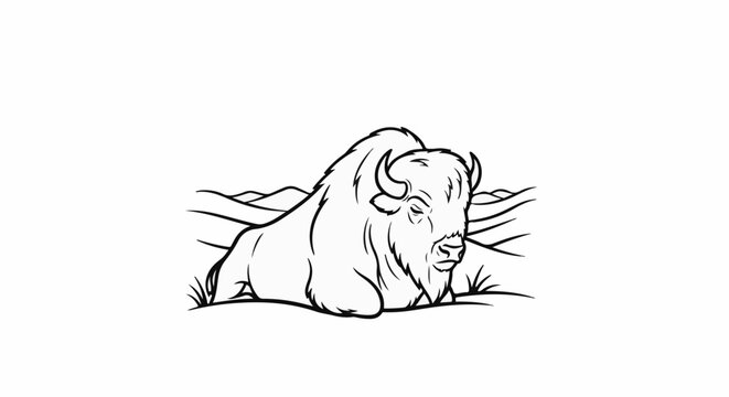 Stylized line drawing of a resting bison in a field under rolling hills