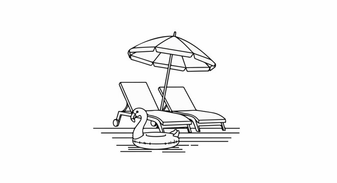 Two lounge chairs under an umbrella with a flamingo float nearby