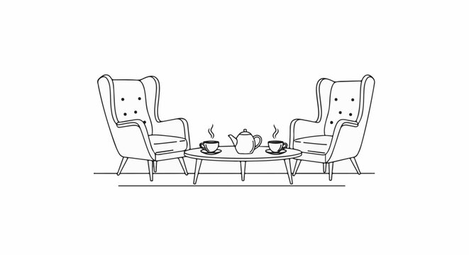 Two wingback chairs flank a coffee table with a teapot and two cups