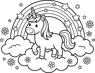 Fototapeta premium Cute unicorn coloring page for kids with rainbow stars and flowers in a magical sky high resolution.
