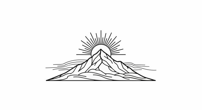 Abstract mountain peaks and sun rays, minimalist vector graphic icon